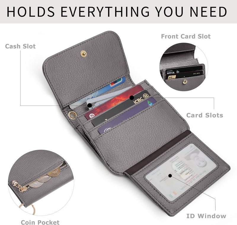 Sunpour Women Small Wallet RFID Blocking Slim Wallet with Coin Pocket Tri-Fold Credit Card Holder with ID Window and Keychain (Grey) - Image 4